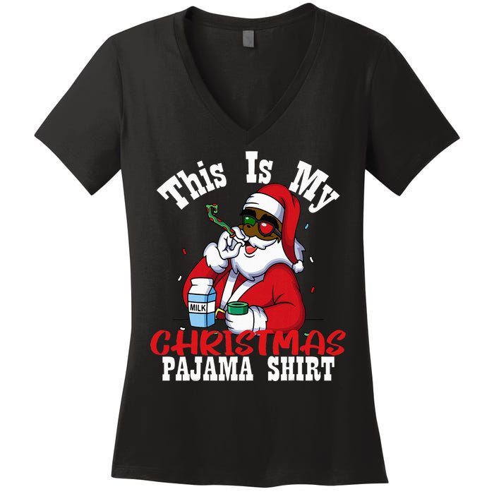 Black African American Santa Claus Christmas Pajamas 2023 Women's V-Neck T-Shirt