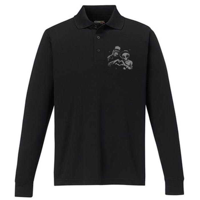 Bigfoot And Alien Sasquatch Love Hand Sign Gift Performance Long Sleeve Polo