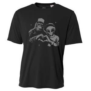 Bigfoot And Alien Sasquatch Love Hand Sign Gift Cooling Performance Crew T-Shirt