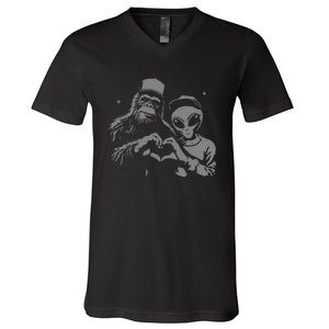 Bigfoot And Alien Sasquatch Love Hand Sign Gift V-Neck T-Shirt