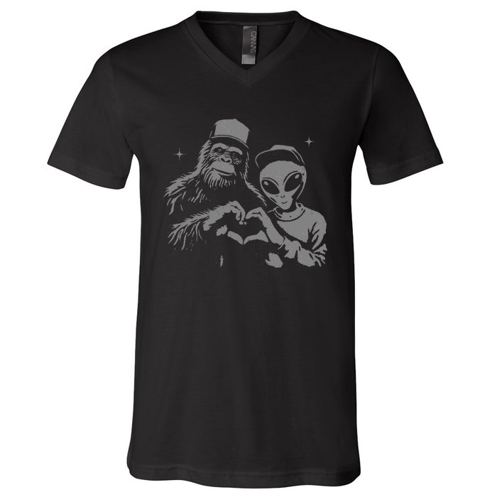 Bigfoot And Alien Sasquatch Love Hand Sign Gift V-Neck T-Shirt