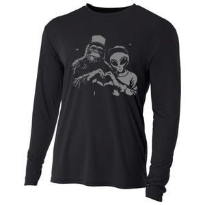 Bigfoot And Alien Sasquatch Love Hand Sign Gift Cooling Performance Long Sleeve Crew