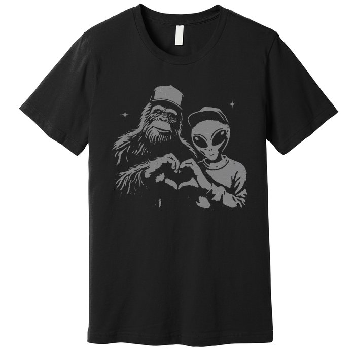 Bigfoot And Alien Sasquatch Love Hand Sign Gift Premium T-Shirt