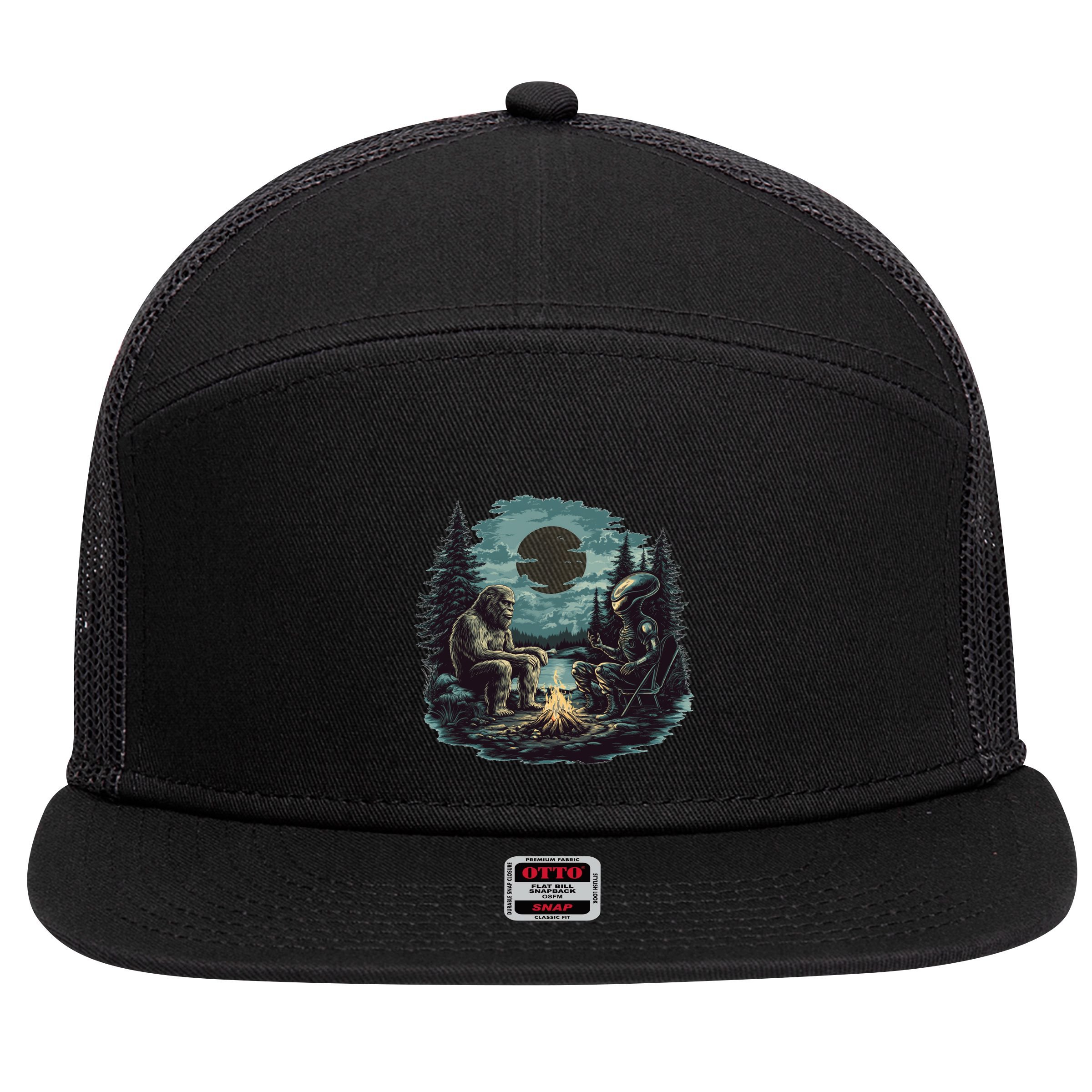Bigfoot And Alien Camping Fire 7 Panel Mesh Trucker Snapback Hat