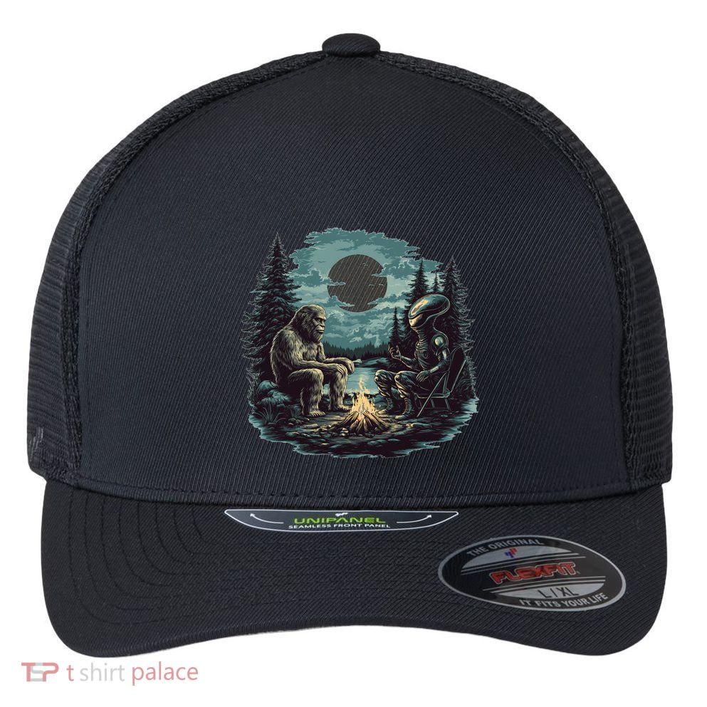 Bigfoot And Alien Camping Fire Flexfit Unipanel Trucker Cap
