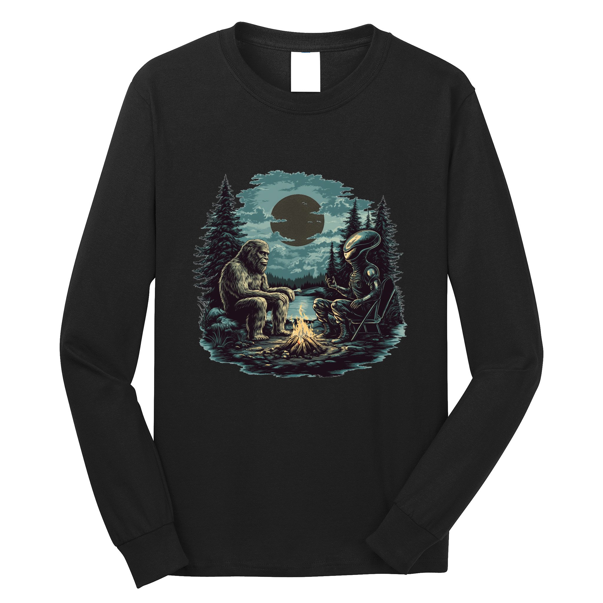 Bigfoot And Alien Camping Fire Long Sleeve Shirt
