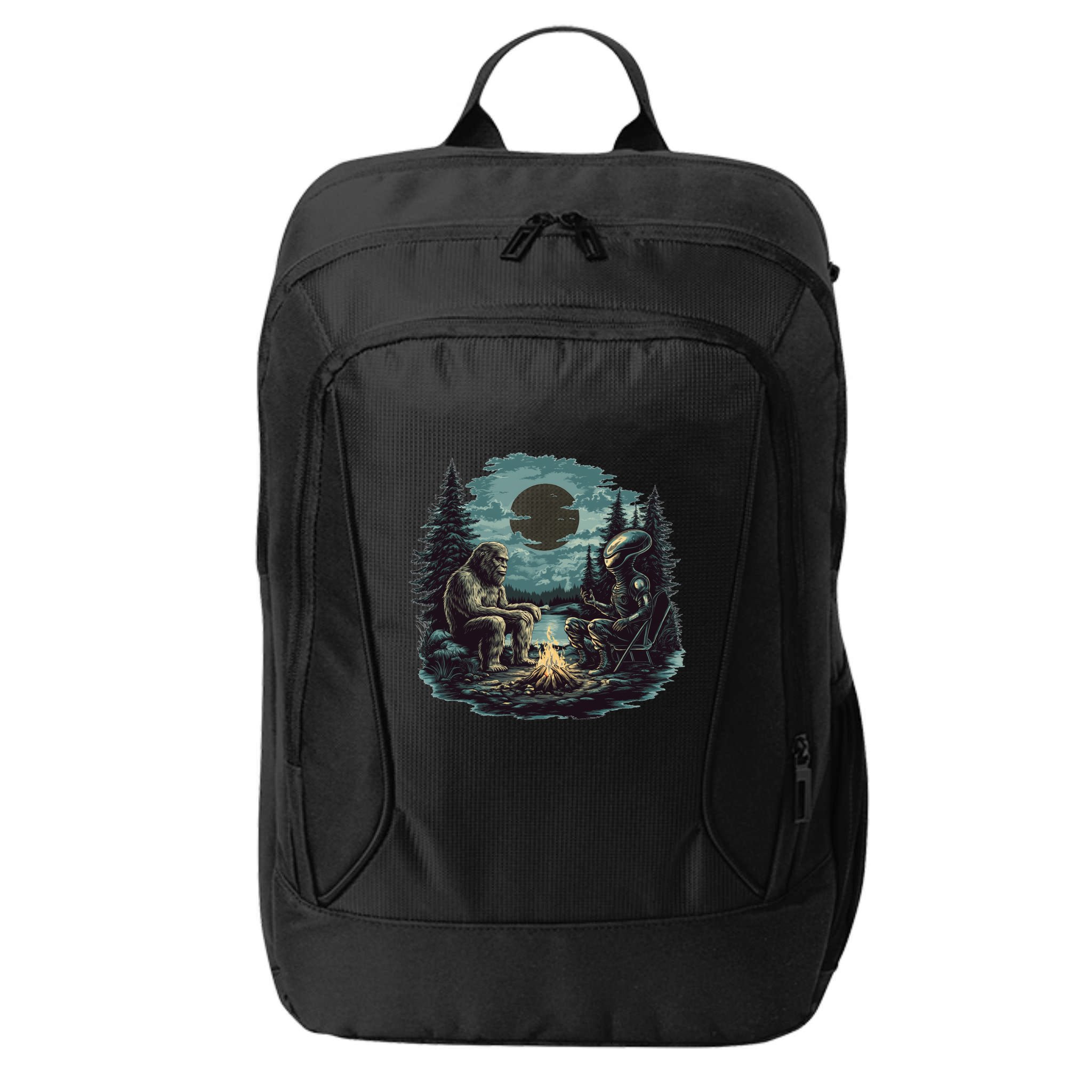 Bigfoot And Alien Camping Fire City Backpack