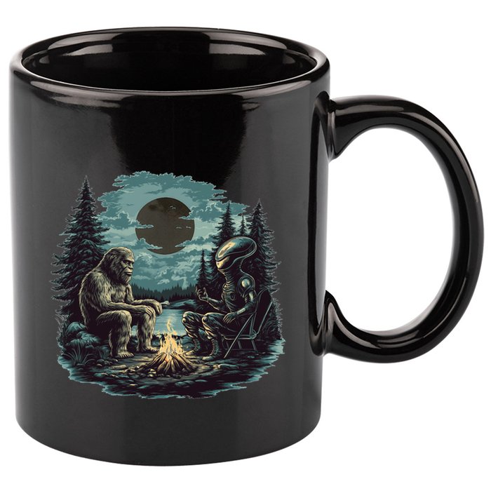 Bigfoot And Alien Camping Fire 11oz C Handle Ceramic Mug