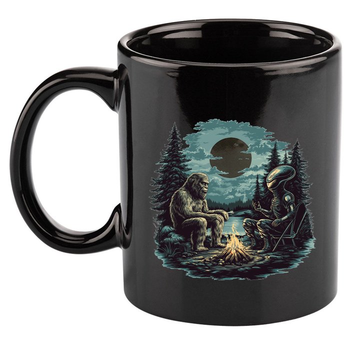 Bigfoot And Alien Camping Fire 11oz C Handle Ceramic Mug