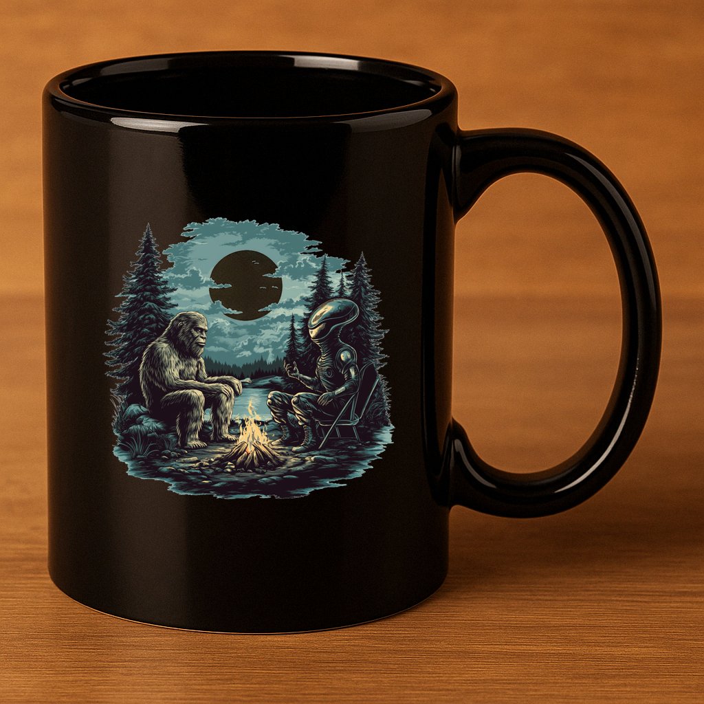 Bigfoot And Alien Camping Fire 11oz C Handle Ceramic Mug