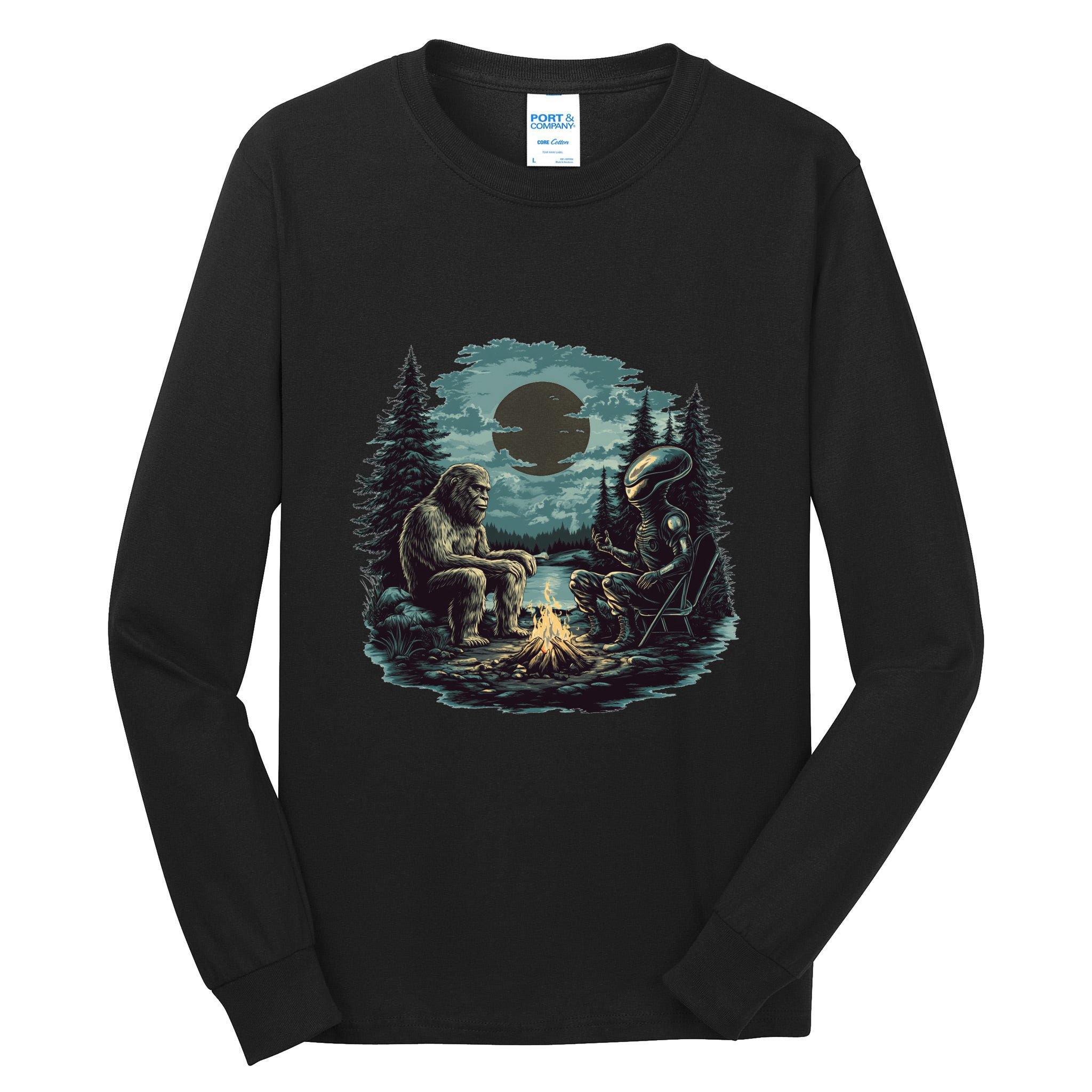 Bigfoot And Alien Camping Fire Tall Long Sleeve T-Shirt