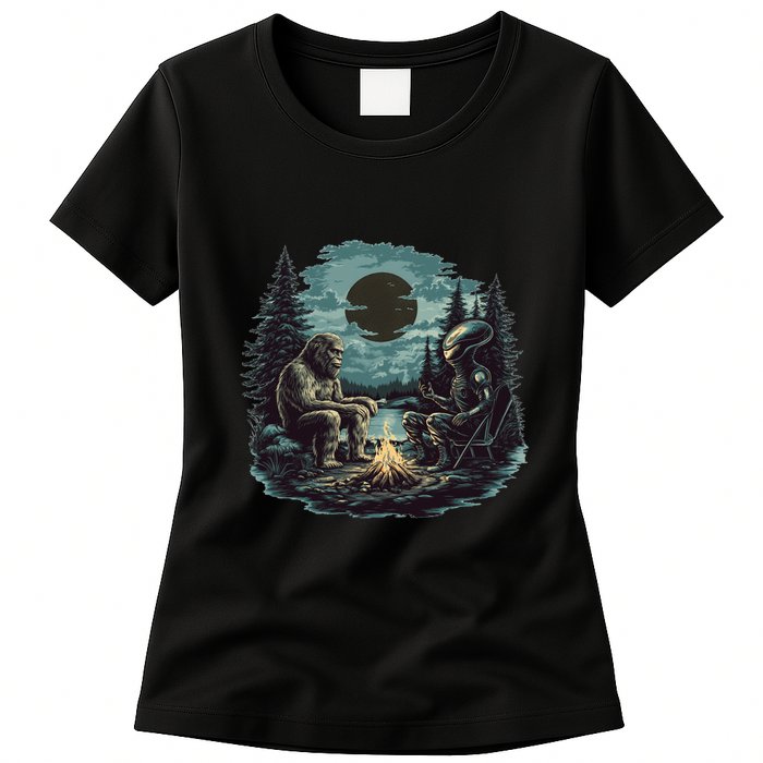 Bigfoot And Alien Camping Fire Womens T-Shirt