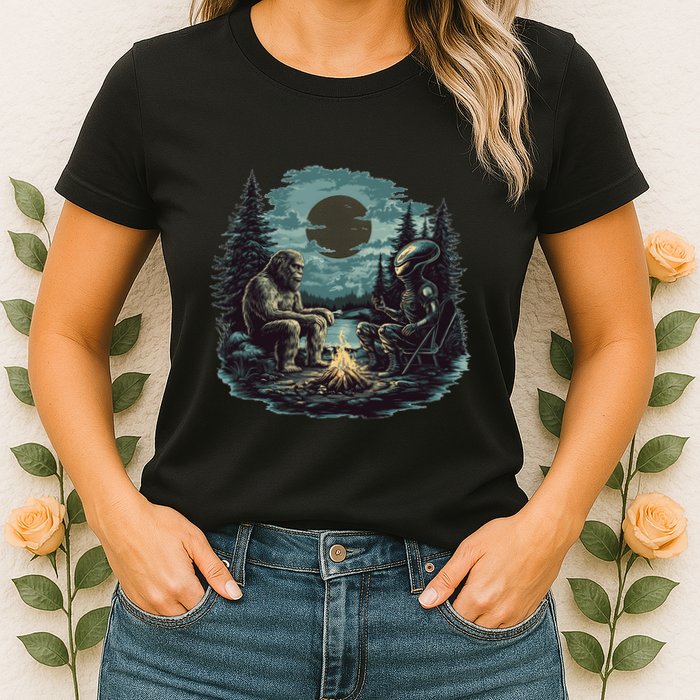 Bigfoot And Alien Camping Fire Womens T-Shirt
