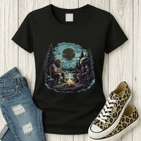 Bigfoot And Alien Camping Fire Womens T-Shirt