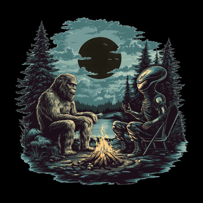 Bigfoot And Alien Camping Fire Womens T-Shirt