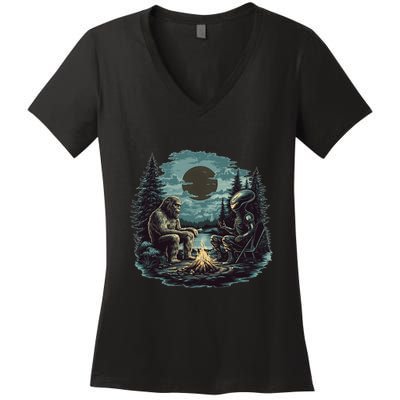 Bigfoot And Alien Camping Fire Women's V-Neck T-Shirt