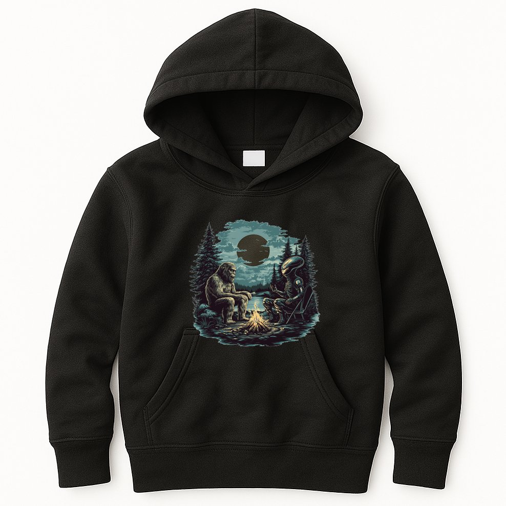 Bigfoot And Alien Camping Fire Kids Hoodie