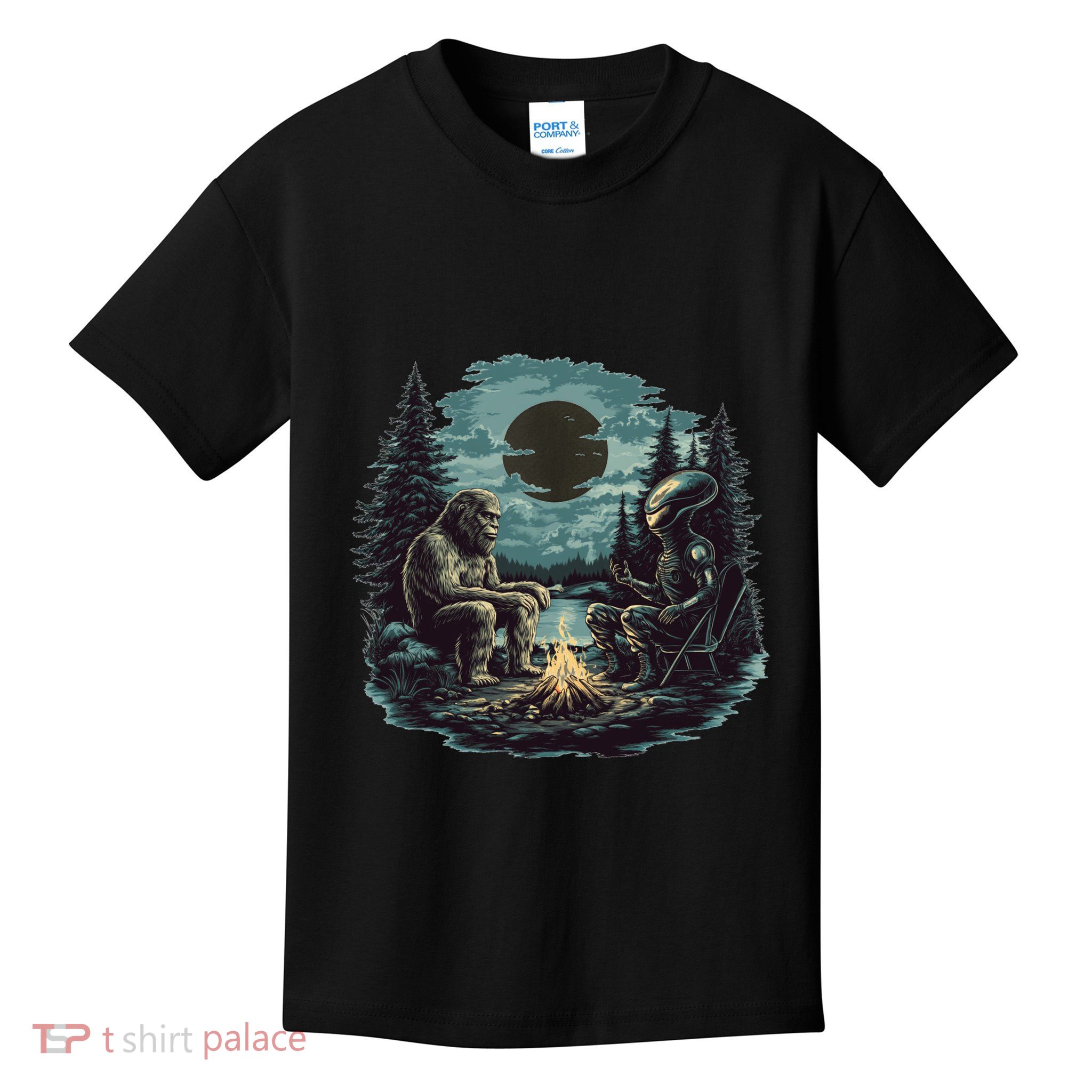 Bigfoot And Alien Camping Fire Kids T-Shirt