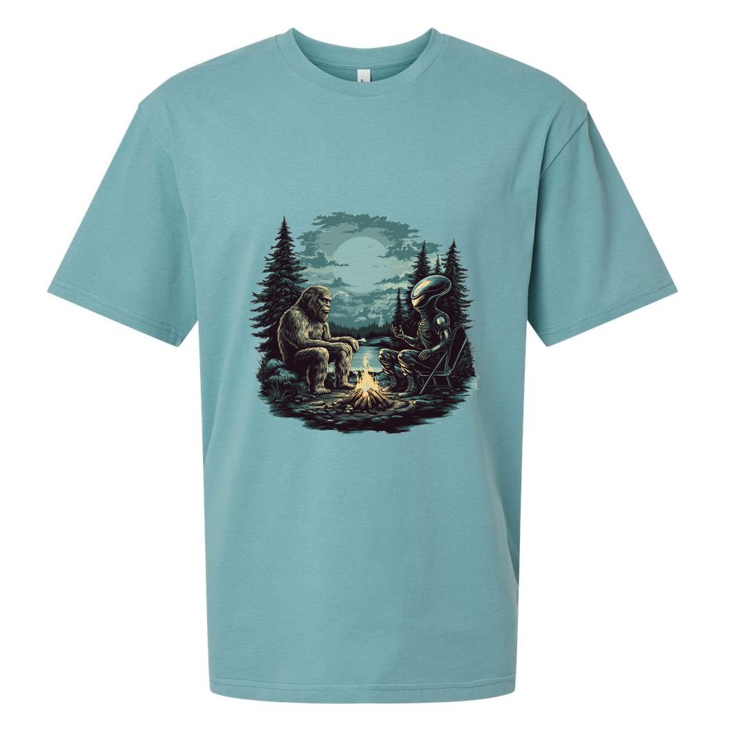 Bigfoot And Alien Camping Fire Sueded Cloud Jersey T-Shirt