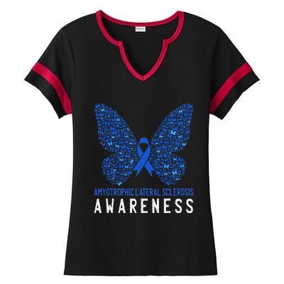 Butterfly ALS Awareness Month Blue Ribbon Support Squad Ladies Halftime Notch Neck Tee