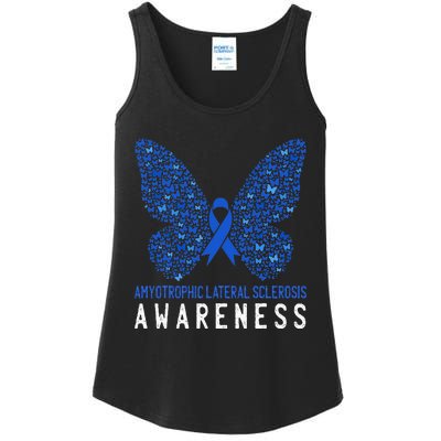 Butterfly ALS Awareness Month Blue Ribbon Support Squad Ladies Essential Tank