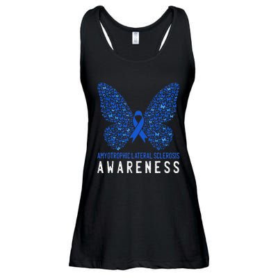 Butterfly ALS Awareness Month Blue Ribbon Support Squad Ladies Essential Flowy Tank