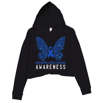 Butterfly ALS Awareness Month Blue Ribbon Support Squad Crop Fleece Hoodie