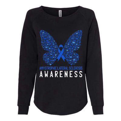 Butterfly ALS Awareness Month Blue Ribbon Support Squad Womens California Wash Sweatshirt