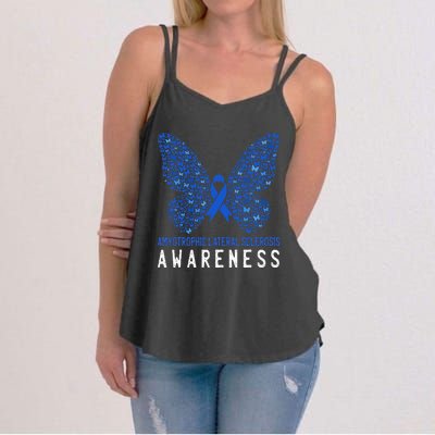 Butterfly ALS Awareness Month Blue Ribbon Support Squad Women's Strappy Tank