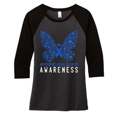 Butterfly ALS Awareness Month Blue Ribbon Support Squad Women's Tri-Blend 3/4-Sleeve Raglan Shirt