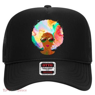 Beautiful African American Black Woman With Paint Swirl Afro High Crown Mesh Back Trucker Hat
