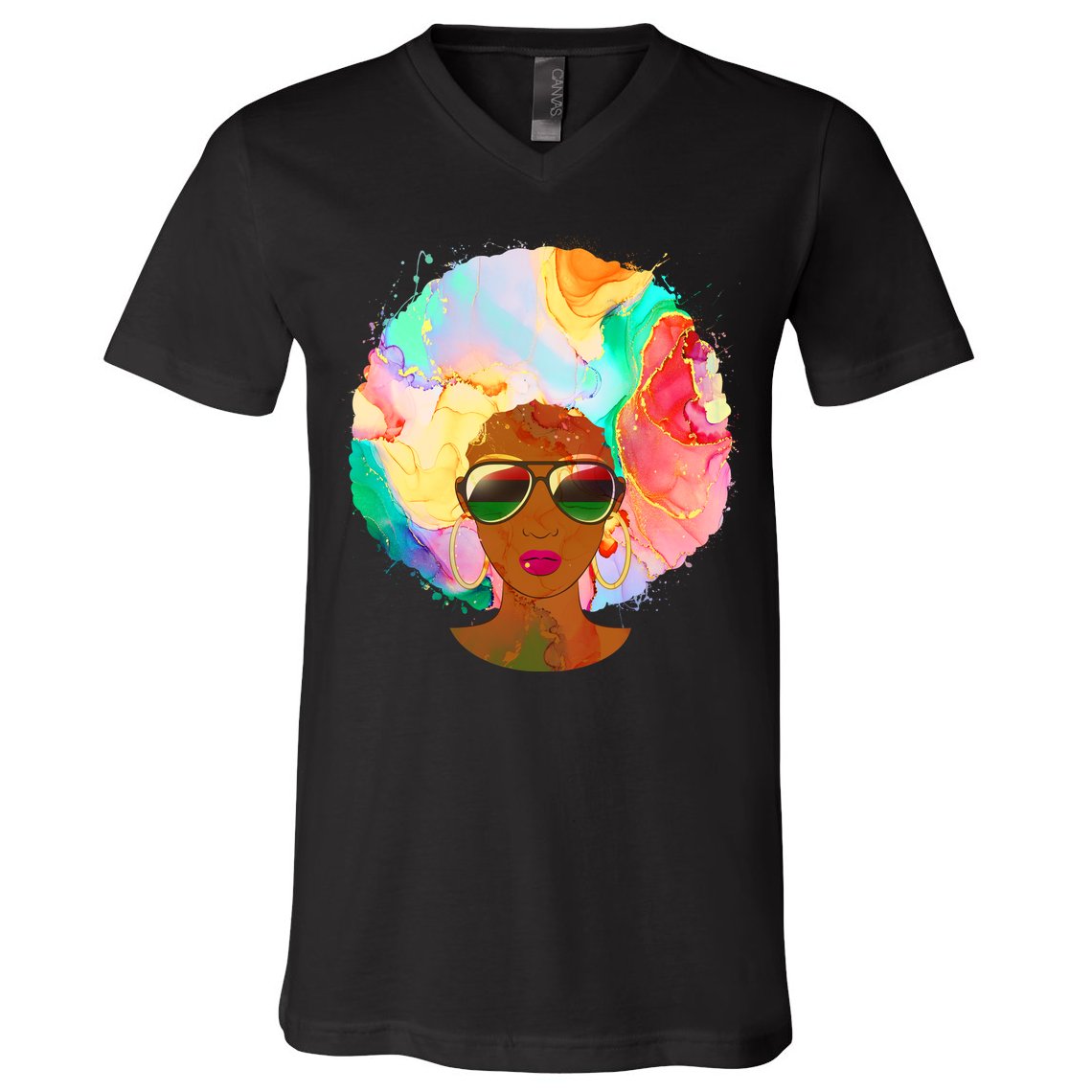 Beautiful African American Black Woman With Paint Swirl Afro V-Neck T-Shirt