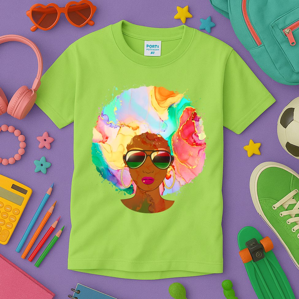 Beautiful African American Black Woman With Paint Swirl Afro Kids T-Shirt
