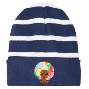 Beautiful African American Black Woman With Paint Swirl Afro Striped Beanie with Solid Band