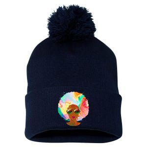 Beautiful African American Black Woman With Paint Swirl Afro Pom Pom 12in Knit Beanie