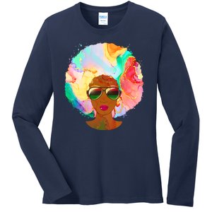 Beautiful African American Black Woman With Paint Swirl Afro Ladies Long Sleeve Shirt