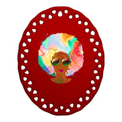 Beautiful African American Black Woman With Paint Swirl Afro Ceramic Oval Ornament