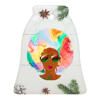 Beautiful African American Black Woman With Paint Swirl Afro Ceramic Bell Ornament