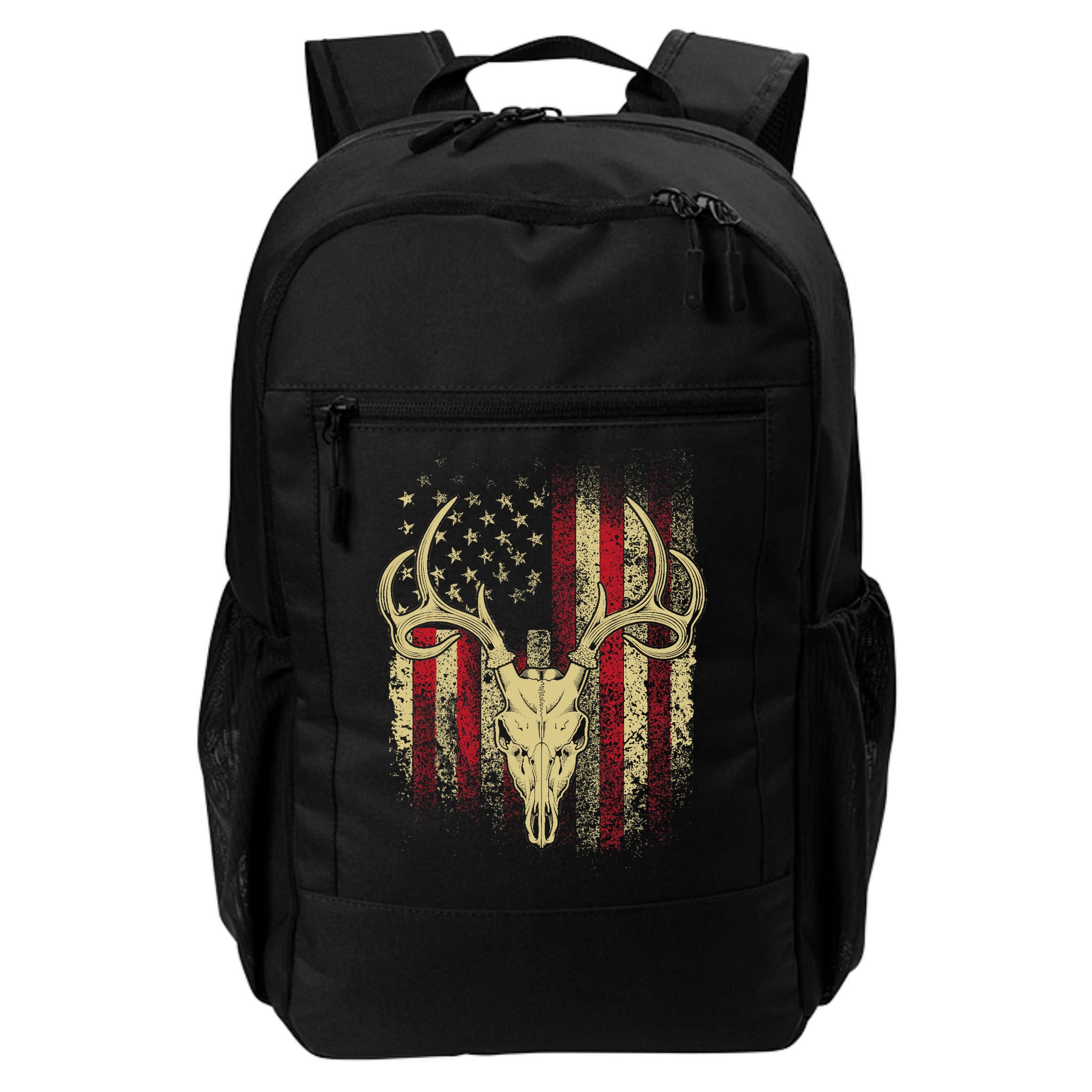 Bucks Antlers and Skull on an American Flag Deer Hunters Backpack