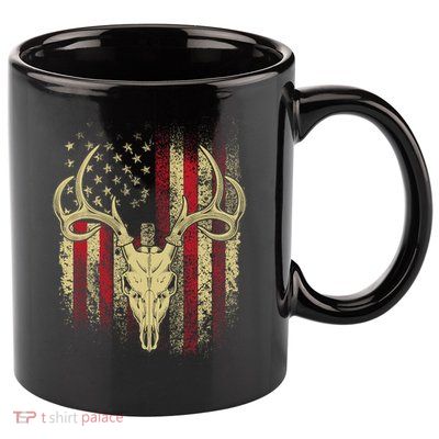 Bucks Antlers and Skull on an American Flag Deer Hunters 11oz C Handle Ceramic Mug