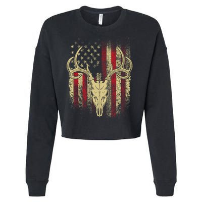 Bucks Antlers and Skull on an American Flag Deer Hunters Cropped Pullover Crew