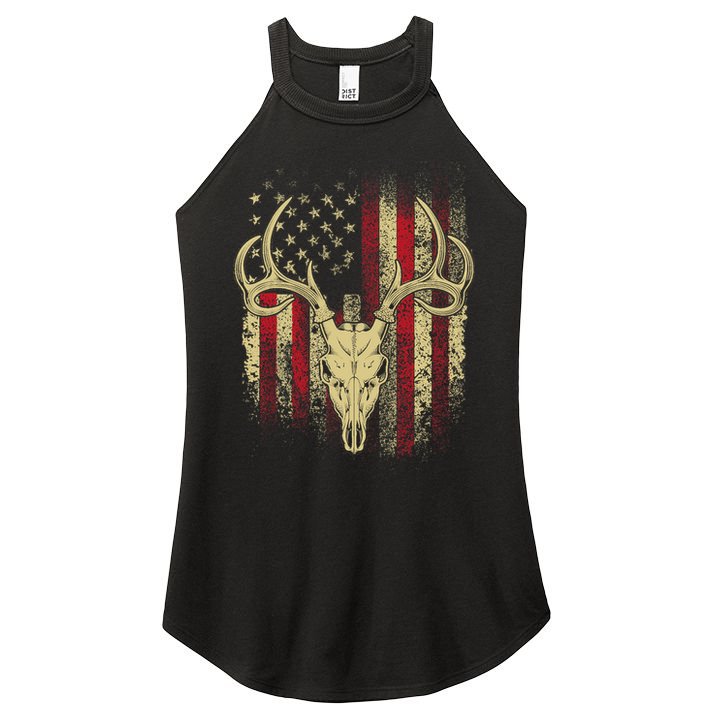 Bucks Antlers and Skull on an American Flag Deer Hunters Women's Perfect Tri Rocker Tank