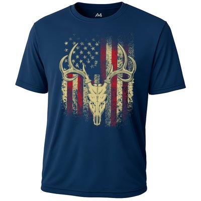Bucks Antlers and Skull on an American Flag Deer Hunters Performance Shirt