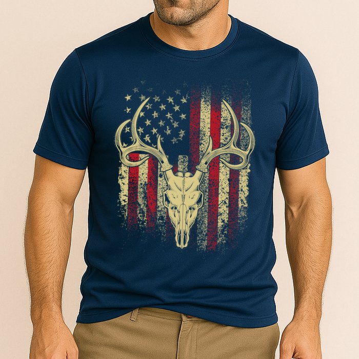 Bucks Antlers and Skull on an American Flag Deer Hunters Cooling Performance Crew T-Shirt
