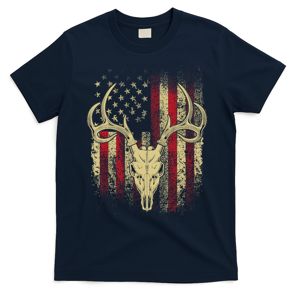 Bucks Antlers and Skull on an American Flag Deer Hunters T-Shirt