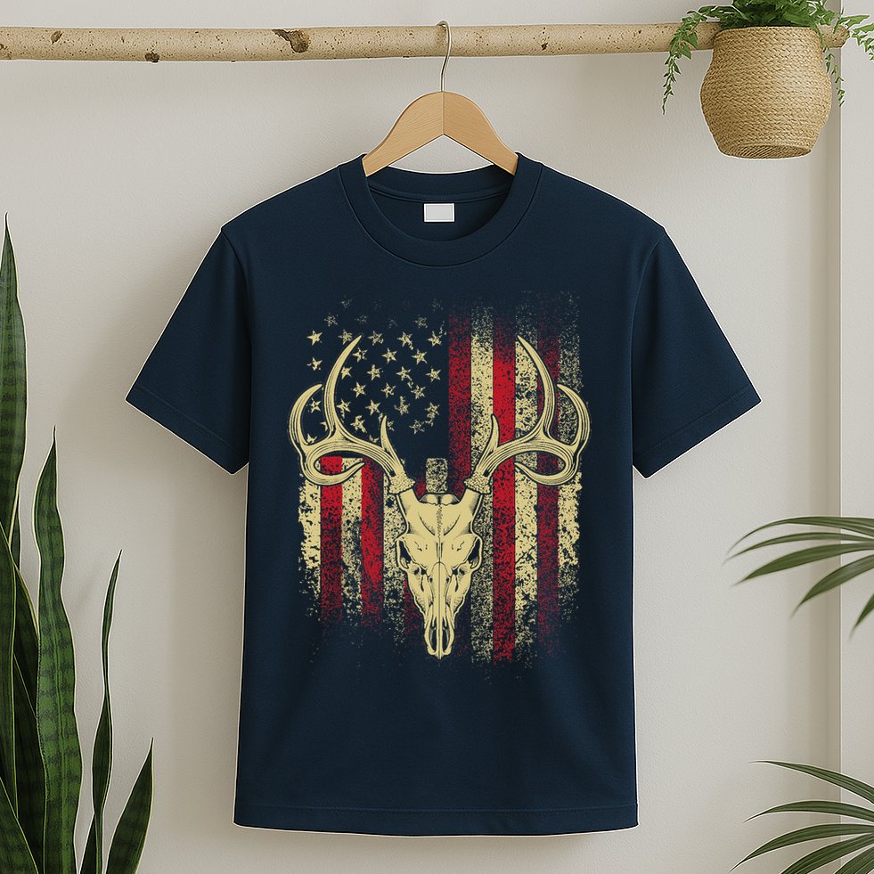 Bucks Antlers and Skull on an American Flag Deer Hunters T-Shirt