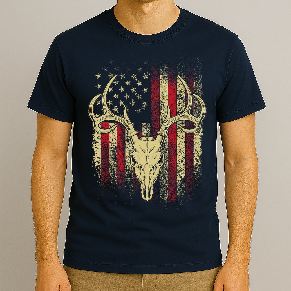Bucks Antlers and Skull on an American Flag Deer Hunters T-Shirt