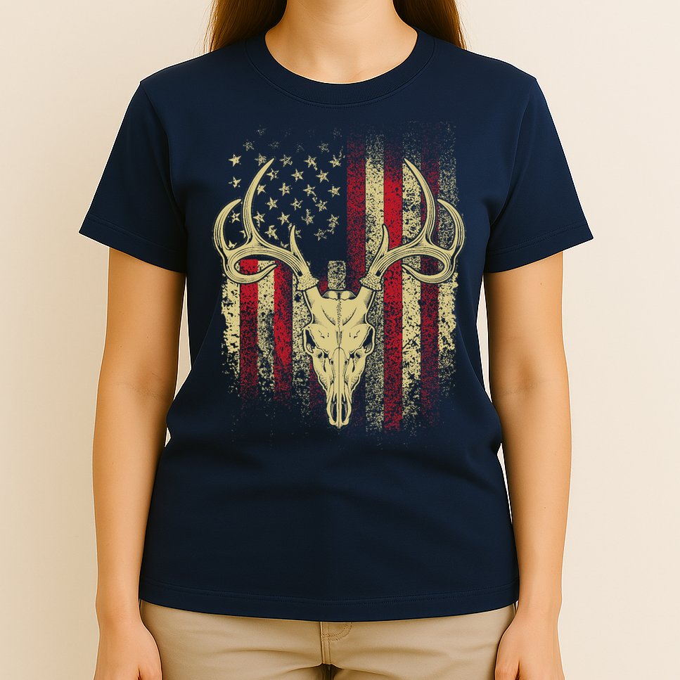 Bucks Antlers and Skull on an American Flag Deer Hunters T-Shirt