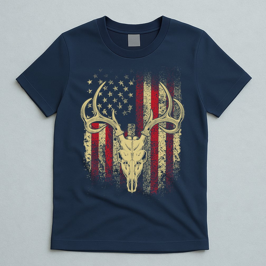 Bucks Antlers and Skull on an American Flag Deer Hunters T-Shirt