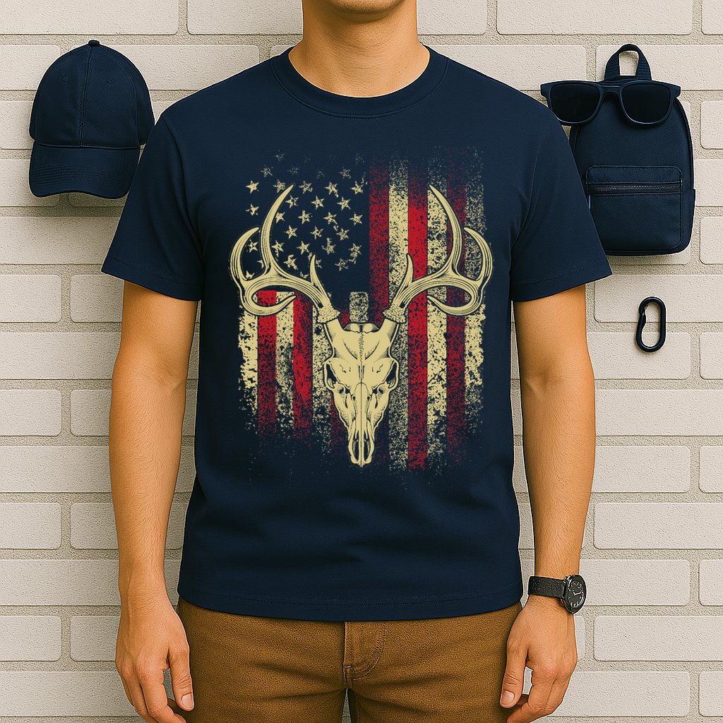 Bucks Antlers and Skull on an American Flag Deer Hunters T-Shirt